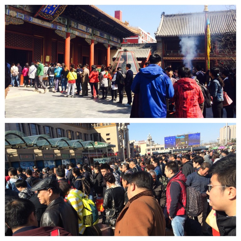 Queues at a temple and train station